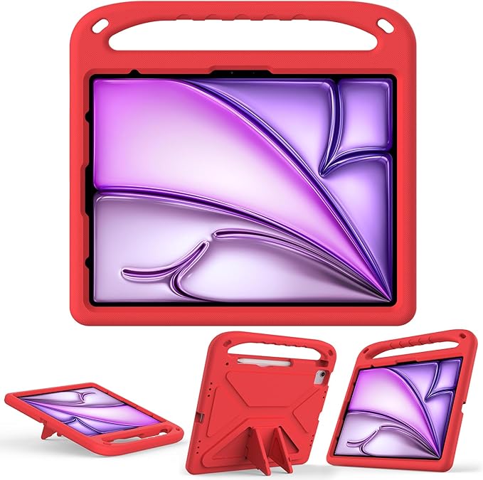 Cute Kids Case for iPad Air 13" M4 M3 M2 2026 2025 2024/ Pro 13 Inch M5 M4 Cover 2025 2024, iPad Pro 12.9 Case 2022/2021/2020/20218, Soft EVA Handle Cover with Shoulder Strap Stand, Red