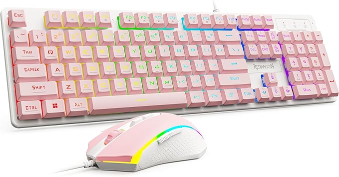 Redragon Updated S107WP Gaming Keyboard and Mouse, RGB Gaming Keyboard and 10000 DPI Mouse Combo with 25-Key Anti-Ghosting, 1K Hz Programmable Mice with Software, Plug & Play to PC, Laptop - Pink