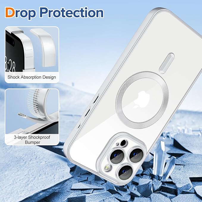 Hython Magnetic Clear for iPhone 16 Pro Case with Camera Lens Protector [Compatible with MagSafe] Luxury Plating Edge Slim Soft TPU Cover Protective Phone Case for iPhone 16 Pro 6.3", Matte Silver