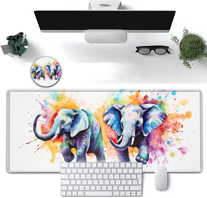 Large Mouse Pad, 31.5 x 11.8in Extended Gaming Mouse Pad with Stitched Edges, XXL Mousepad Protector Non Slip Rubber Base for Office and Home Writing Mat, Painted Cute Elephant Pattern White Desk Mat