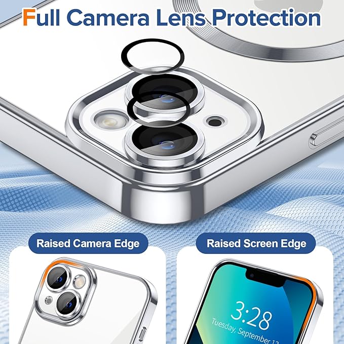 Hython Magnetic Clear for iPhone 13 Case with Camera Lens Protector [Compatible with MagSafe] Luxury Plating Edge Slim Soft TPU Cover Protective Phone Case for iPhone 13 6.1", Silver