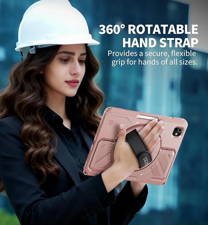 Dexnor for iPad Pro 11 inch Case M5 2025/M4 2024, Rugged Protective Case with 360° Rotating Hand Strap & Large Steady Stand & Screen Protector & Pencil Holder Shockproof Full-Body Bumper Cover, Pink