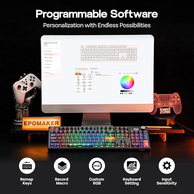 EPOMAKER TH108 V2 PRO Full Size Mechanical Keyboard with Screen&Knob, 10000mAh, BT/2.4Ghz, Mac Modifier PBT Keycap, Hot Swap, RGB, Gasket, Wireless Gaming Keyboard for Mac/PC (Black, Sea Salt Silent)