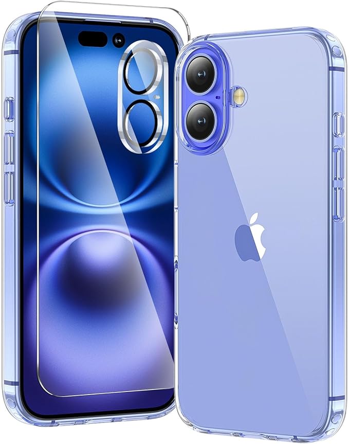 toushion 3 in 1 for iPhone 16 Case Clear,[Yellowing-Resistant Acrylic Back] Screen Protector *1 & Camera Lens Protector*1, Shockproof for iPhone 16 Phone Case 6.1 inch Clear