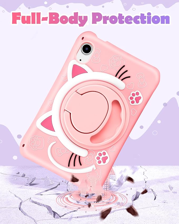 Wazzasoft for iPad mini 7 A17 Pro 2024, for iPad mini 6 Case 8.3 Inch Girls Cute Cat Kawaii Cover Girly Women Kitten with Rotating Stand & Strap Soft Silicone Funda for iPad mini 7th/6th Gen Cases