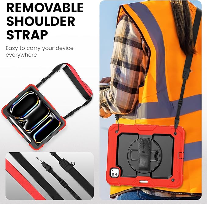 timecity Case for iPad Pro 11 Inch M5 2025 / M4 2024, 360° Rotating Stand, Pencil Holder & Wireless Charging, Shockproof with Screen Protector & Shoulder Strap - for Designers & Professionals, Red