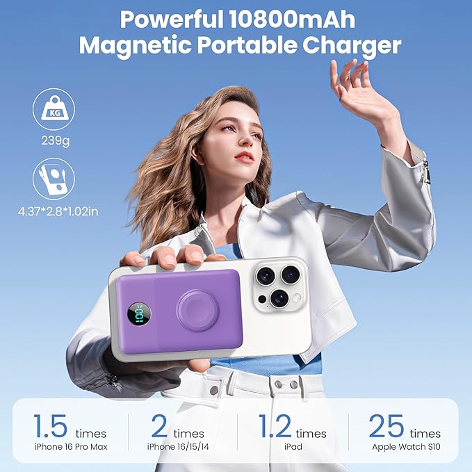 Magnetic Portable Charger for MagSafe with Built-in Cable,iWatch Charger,10800mAh Wireless Power Bank Travel Essentials,25W PD Fast Charging Battery Pack for iPhone 17/16/15/14/13,Apple Watch-Purple