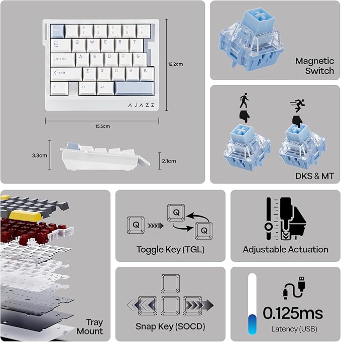 MechLands AJAZZ AK029 One Handed Gaming Keyboard, 8Khz Polling, 29 Keys Rapid Fast Wired Keyboard, SOCD & DKS, Magnetic Switch, Adjustable Actuation, RGB Backlits, Aluminum Plate (White Blue)