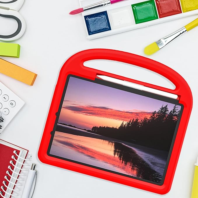 Kids Case for Apple iPad Pro 11 inch M5/M4 Tablet (2025/2024) with Pencil Holder/Handle/Kickstand Slim Lightweight Cute Soft EVA Foam Shockproof Stand Cover for Boys Girls Teens, Red Bird