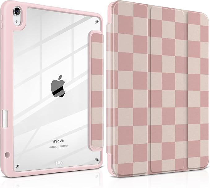 Case for iPad Air 13 inch 2026 M4 2025 M3 2024 M2 Release with Pencil Holder - Aesthetic Cute Preppy Design Trifold Cover with Soft TPU Bumper Clear Back Auto Sleep for Girls Women, Lattice