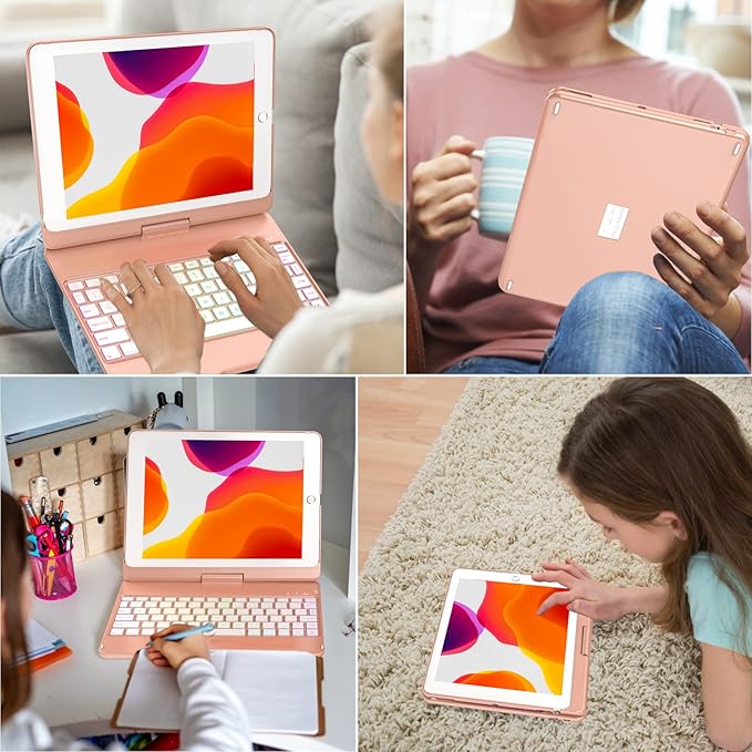 MMK for iPad 6th Generation Case with Keyboard | Compatible with iPad 5th Gen (2017) & iPad Air (1st, 2th Gen | 2013, 2014) & iPad Pro 9.7 inch (2016) | 10 Color Backlight & 360 Rotation-Rose Gold