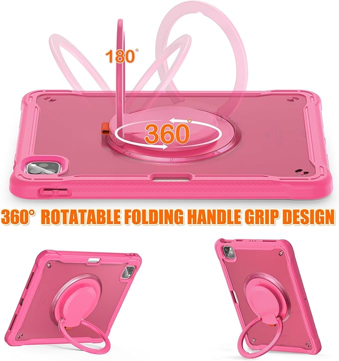 Batianda for iPad Pro 11 inch Case 2025 M5 2024 M4 Chip Lightweight Dual-Layer Protective Tablet Cover, Durable Shock-Absorbing Corners with 360° Rotating Kickstand Ring Built-in Pen Slot, Pink