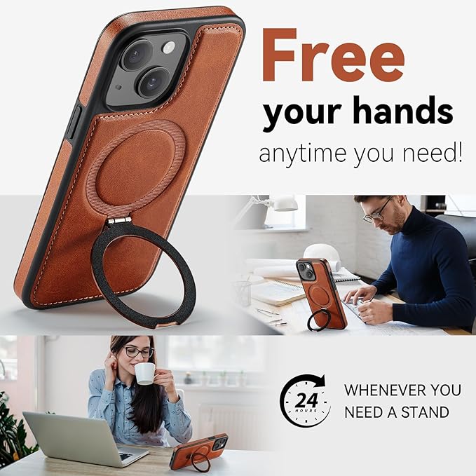 for iPhone 14 Case with Stand Compatible with Magsafe Slim PU Leather & Durable TPU Drop Proof Magnetic Kickstand Protective Phone Cover with Tempered Glass Screen Protector 6.1", Brown