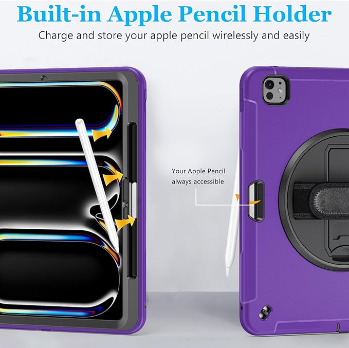 Case for iPad Pro 13 Inch M5 2025/ M4 2024: Military Grade Cover for iPad Pro 13" with Screen Protector - Stand - Handle - Shoulder Strap - Pencil Holder- Purple