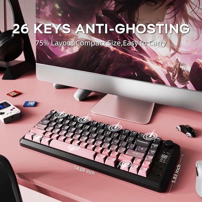 FREEWOLF M75 Wireless Gaming Keyboard Mechanical Feel Membrane with Knob & OLED Display Bluetooth/2.4Ghz Rainbow Backlit Gradient PBT Keycaps 2000mAH Battery Anti-Ghosting-Pink