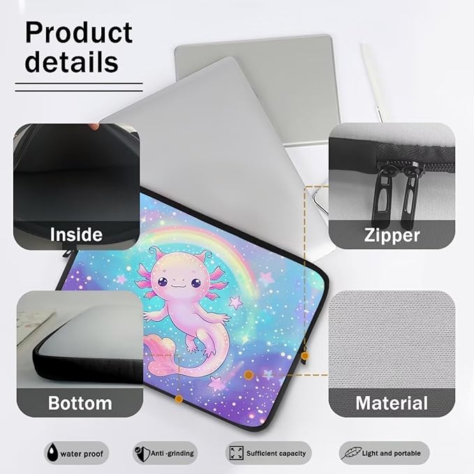 Rainbow Axolotl Computer Sleeve for Women Girls Laptop Sleeve 17 inch Neoprene Laptop Covers with Padded Compartment Lap Top Case Galaxy Computer Carrying Bag Purple