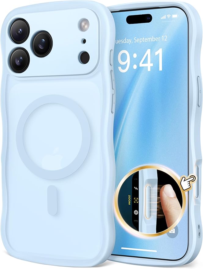 CAPRARO Magnetic for iPhone 17 Pro Case for Women Girls, Upgraded [Full Camera Protection] [Compatible with MagSafe] Cute Wave Translucent Matte Phone Case for iPhone 17 Pro, Light Blue