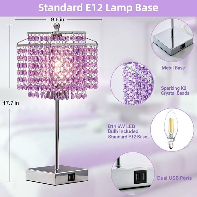 Luvkczc Purple Bedside Crystal Table Lamp Set of 2, Touch Control Lamps,Dimmable Lamp with Crystal Shade for Bedroom, Girl Living Room, 6W B11 Bulb Included