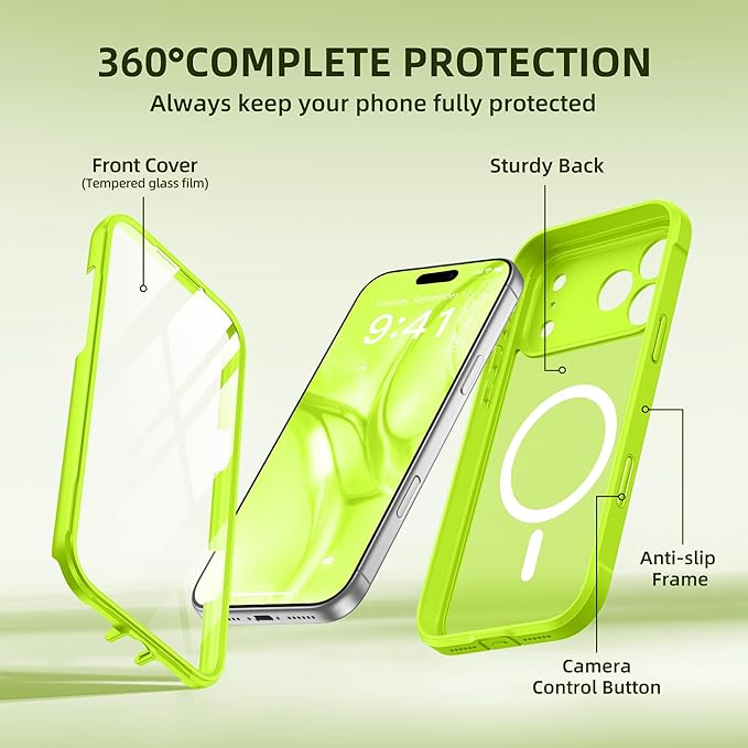 BERFY for iPhone 17 Pro Case, Compatible with MagSafe, Built-in Glass Screen Protector, Camera Protection, Shockproof Full Body Phone case 6.3", Translucent Bright Green