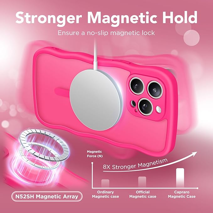 CAPRARO Cute for iPhone 15 Pro Max Case, Compatible with MagSafe, [Curly Wave Edge] [Full Camera Protection] [14 FT Drop Protection] Magnetic Phone Case for 15 Pro Max 6.7 Inch, Hot Pink