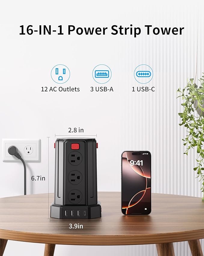 Power Strip Surge Protector, 6.5 Ft Extension Cord with 12 AC Multiple Outlets 4 USB (1 USB C), SMALLRT Power Tower Desktop Charging Station (Black, 6.5 Ft)