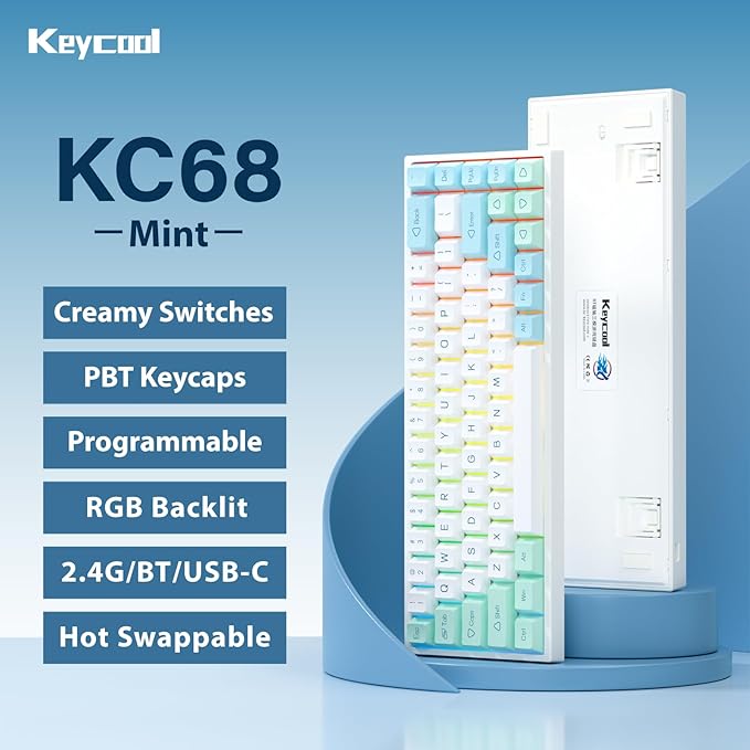 Creamy Mechanical Gaming Keyboard 60% Percent, Wireless 2.4G/Bluetooth 5.0/Wired USB-C, 68-Key Linear Switches NKRO Hot Swappable, PBT Keycaps, RGB LED Backlit, Programmable for Win/Mac, Mint