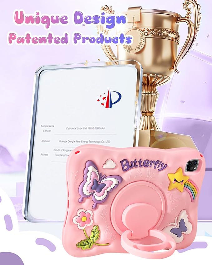 Kidcube for iPad Air 11 Inch Case M3 2025 & M2 2024, Pro 11'' 4th/3rd/2nd/1st, Air 5th/4th Generation Case - Girls Cute Girly Kawaii 3D Butterfly Design with Rotating Stand & Strap Silicone Teen Cover
