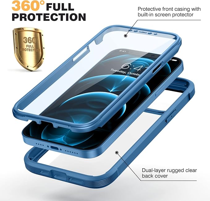 Diaclara Designed for iPhone 12 Pro Max Case, Full Body Rugged with Built-in Touch Sensitive Anti-Scratch Screen Protector, Soft TPU Bumper Case for iPhone 12 ProMax 6.7", Blue