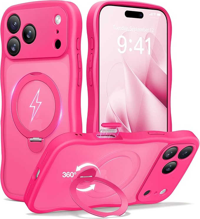 CAPRARO Magnetic for iPhone 17 Pro Case with 360° Spin Magnetic Stand for Women, [Compatible with MagSafe] [Full Camera Protection] Cute Wave Translucent Matte Case for iPhone 17 Pro, Hot Pink