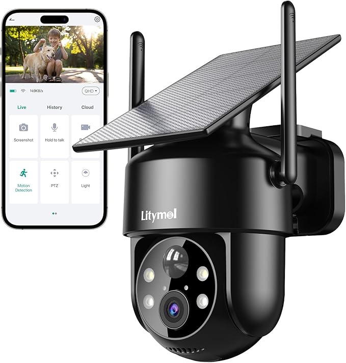 LITYMOL 2K 2.4g WiFi Security Cameras Wireless Outdoor, 360° View Solar Cameras for Home Security, Color Night Vision, AI Detection, 2-Way Audio, Spotlight Siren Alarm, SD/Cloud Storage