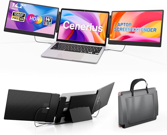 14.2" Laptop Screen Extender, FHD 1080P IPS Portable Monitor for Laptop, Triple Screen Monitor Extender Compatible with 13"-17" Laptops, HDMI/USB-A/C Plug&Play for Windows, Mac, Android