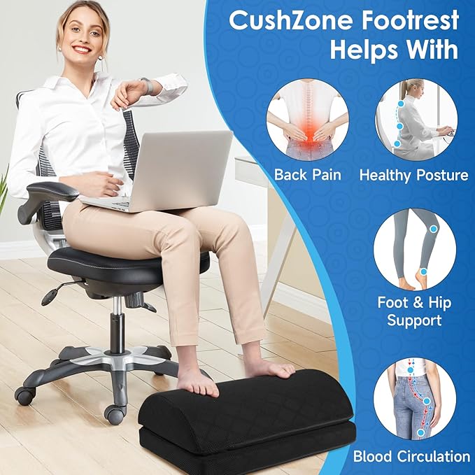 CushZone Foot Rest for Under Desk at Work Adjustable Foam for Office and Home, Office Desk Accessories，Comfortable Footrest with 2 Adjustable Heights，Back & Hip Pain Relief (Black-16.9 in)