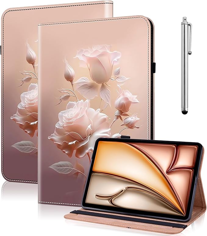 Case for iPad Pro 13 Inch (M5/M4) 2025/2024, PU Leather Tablet Cases Flip Folio Multi-Angle Viewing Stand Protective Cover with Card Slots - Ceramic Roses