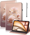 Case for iPad Air 13 inch (M4/M3/M2) 2026/2025/2024, PU Leather Stand Shockproof Cover with Pen Holder & Card Slots - Ceramic Roses