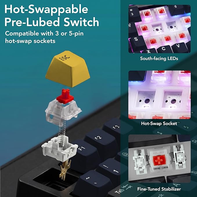 TECWARE Spectre 75 Mechanical Gaming Keyboard | Customizable LCD Screen Display & Knob | Tri-Mode Wireless Bluetooth 2.4GHz | Gasket Mount Hot Swappable | Ocean Gold Red Linear Switches