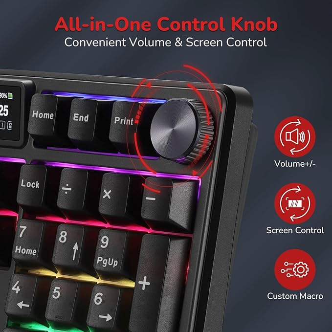 RK ROYAL KLUDGE S104 Wireless Mechanical Keyboard w/Screen & Knob, Tri-Mode 101 Keys Full Size Top Mount RGB Gaming Keyboard BT/2.4G/USB-C, 8000mAh Battery, Web Driver, Hot Swap Custom Linear Switch