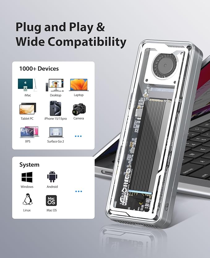 ORICO 40Gbps M.2 NVMe SSD Enclosure with Cooling Fan, Tool-Free Installation Aluminum Crystal NVMe Case, Support 2280 M2 Solid State Drive, Compatible with Thunderbolt 3/4 USB4/3.2/3.1/3.0