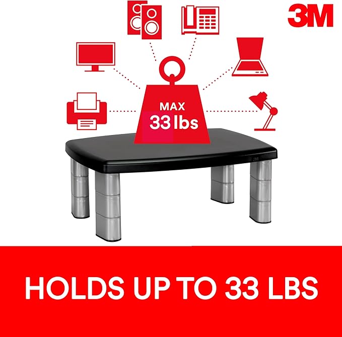 3M Adjustable Monitor Stand with 4-Port USB Hub, Black, Great for Computer Monitors, Laptops, TVs, Speakers, Printers and More
