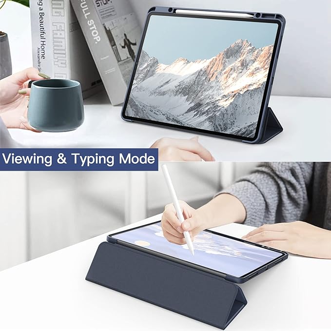 JETech Case for iPad Pro 12.9-Inch (2022/2021/2020/2018) with Pencil Holder, Clear Transparent Back Shell Slim Stand Shockproof Tablet Cover, Auto Wake/Sleep (Navy Blue)