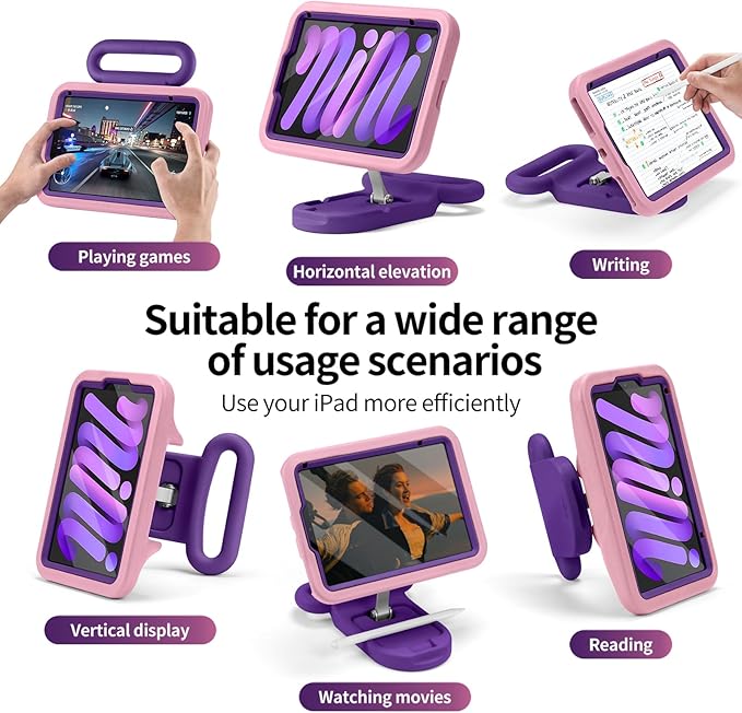 Kids Case for iPad mini 7 (A17 Pro) 2024 / iPad mini 6 2021, Adjustable Portrait/Landscape Stand, Drop Proof Handle Kickstand, Child Friendly with Screen Protector for iPad mini7th/6 8.3 inch(Pink)