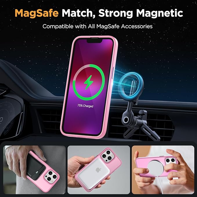 Miracase Magnetic for iPhone 13 Pro Max Case 6.7 inch (Compatible with MagSafe)（with 2X Screen Protectors） Military-Grade Protection, Anti-Fingerprint Translucent Matte Phone Case Cover, Mes Pink