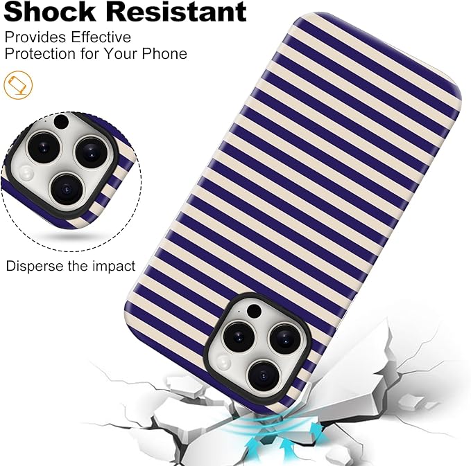 Magnetic for iPhone 16 Plus Case Cute Stripes Phone Case, Shockproof Slim TPU and Hard PC Protective Phone Cover Compatible with MagSafe Designed for Women Girls, Blue&Apricot