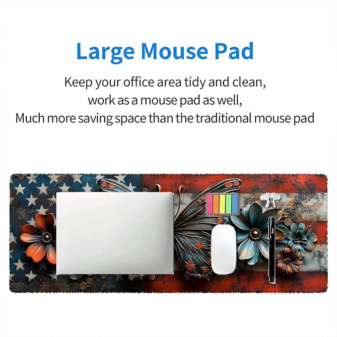 American Flag Butterfly Desk Mat Vintage US Flag Flower XL Mouse Pad Large Mousepad Extended Laptop Keyboard Mat Gaming Desk Pad Mouse Mat 31.5"x11.8" Office Computer Keyboard Laptop Home