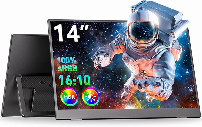 WUAWE Portable Monitor 14" Kickstand Portable Monitor for Laptop, Ultra Slim Built-in 180° Adjustable Stand, Second Screen for Laptop, Desktop, Tablet, Phone, Xbox, PS4/PS5, GEEKOM.