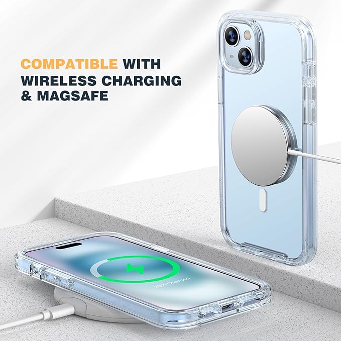 Diaclara Designed for iPhone 15 Plus Case 6.7'', [Compatible with MagSafe] Full Body Rugged Magnetic Case w/Built-in Screen Protector+Glass Camera Lens Protector,Clear-Magnetic