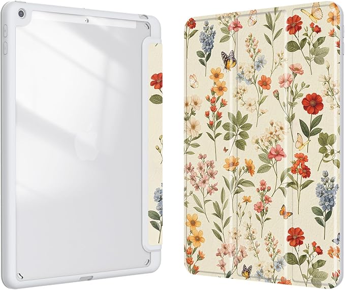 Case for iPad 9th / 8th / 7th Generation (2021/2020/2019) 10.2 inch, Case with Pencil Holder, Stand Clear Back Cover Cute Cool Design for Women Girls, Auto Sleep/Wake, Wildflower B