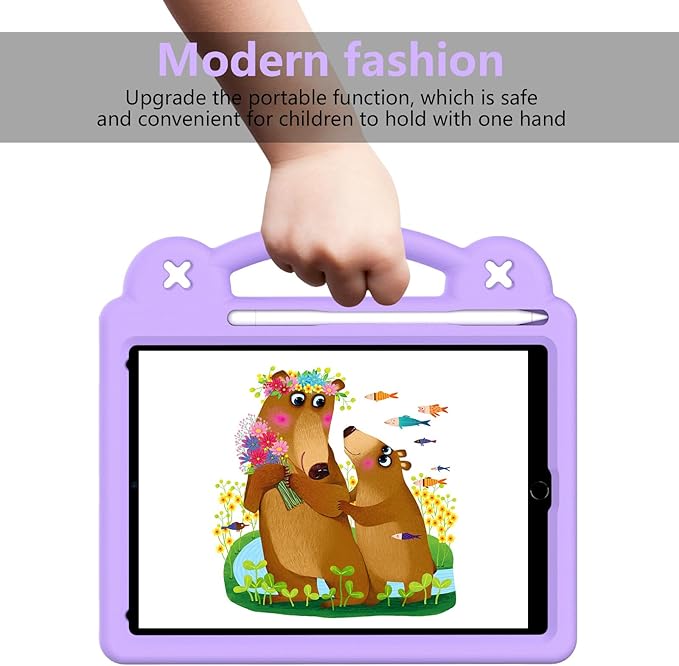 AKABEILA Compatible with Apple iPad Air 1 2013/Air 2 2014/Pro 9.7(2016)/iPad 9.7(2017/2018) Tablet Case, Kids Shockproof Protective Case with Shoulder Strap & Stand Handle & Pen Tray Light Purple