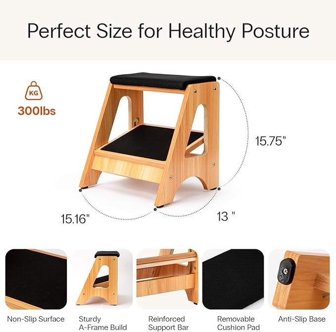 StrongTek Double Step Footrest, Adjustable Wooden Foot Stool with 3 Height Levels, Cushioned Top & Non-Slip Base, Ergonomic Under Desk Leg Rest for Office Home