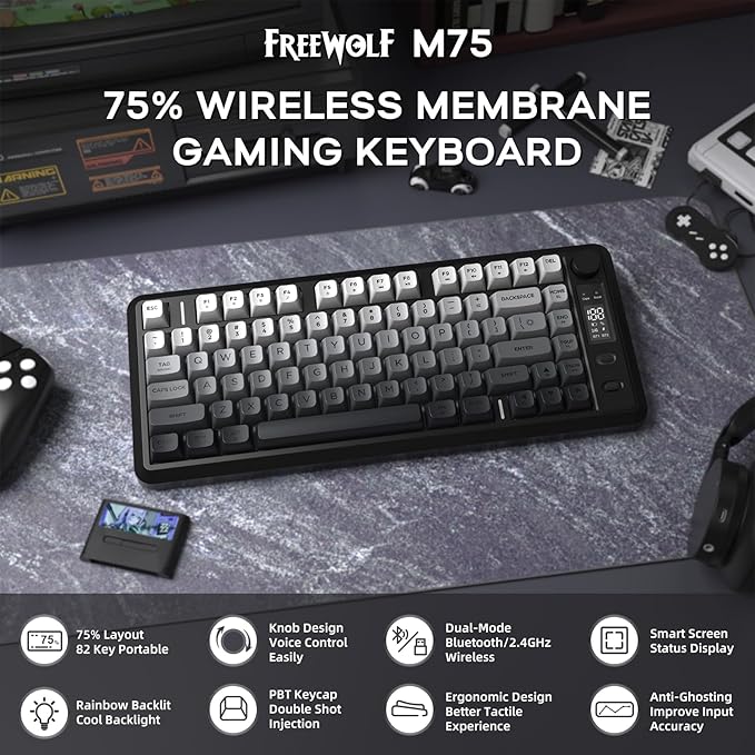 FREEWOLF M75 Wireless Mechanical Feel Gaming Keyboard Bluetooth/2.4Ghz Membrane with Knob & OLED Display Rainbow Backlit Gradient PBT Keycaps 2000mAH Battery Anti-Ghosting-Moonnight