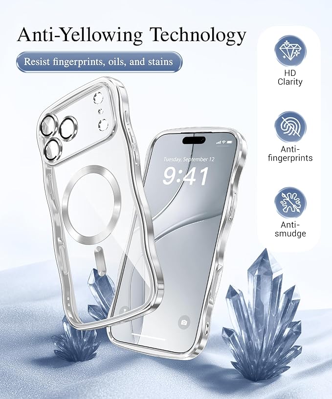 GVIEWIN for iPhone 17 Pro Case Compatible with MagSafe, Upgraded [Full Camera Protection][Cute Wave Frame][Military Grade Protection] Electroplated Hard Phone Cover for Women Girl, Clear/Sliver